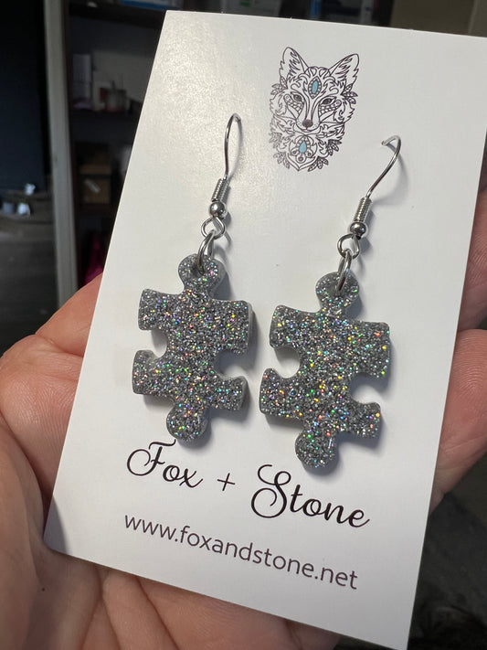 Holographic Silver Rainbow Puzzle Piece Earrings