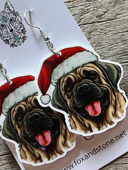Mastiff English Santa Hat Dog Earrings