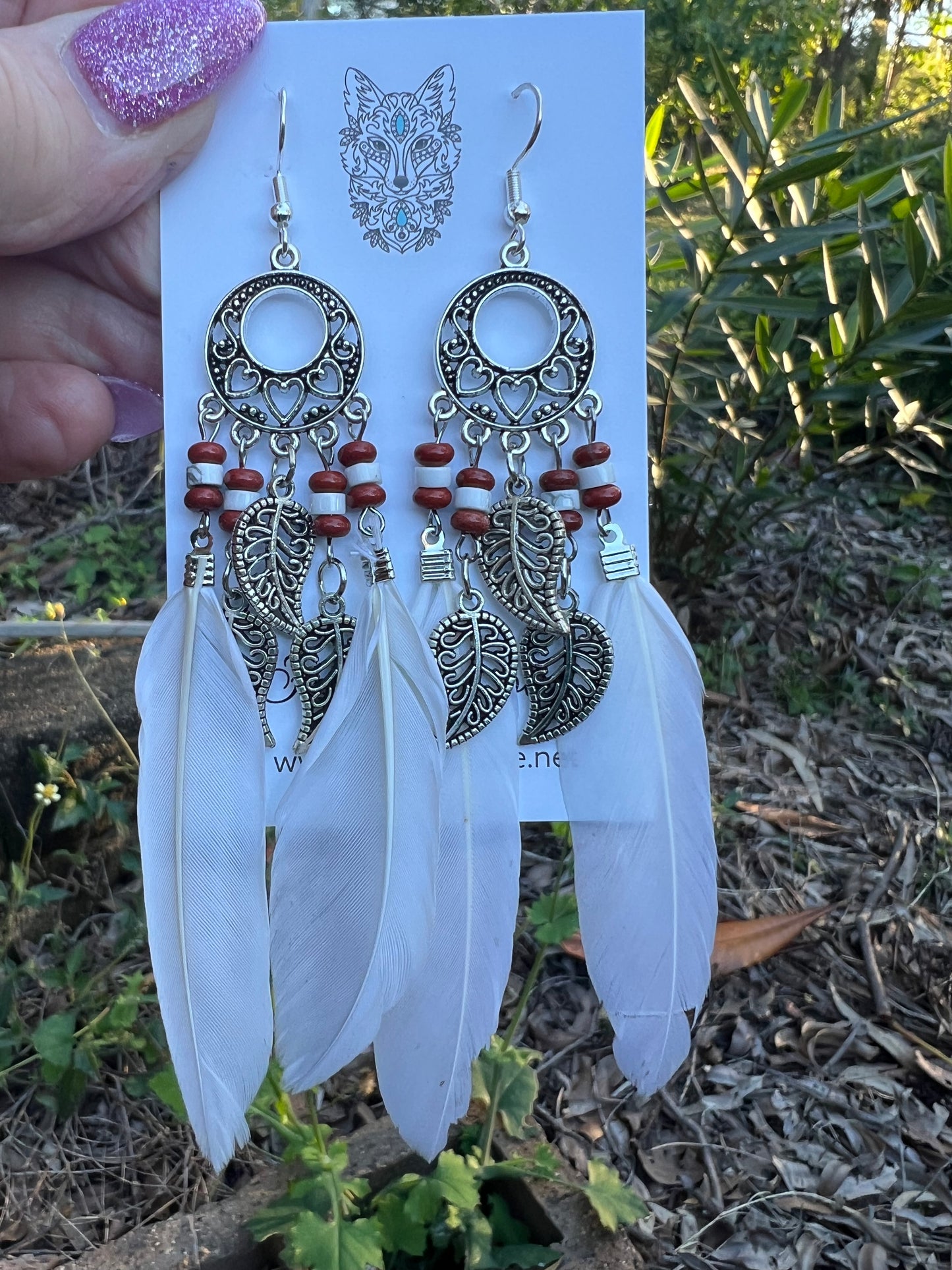 Stunning Silver Leaf White Feather Earrings