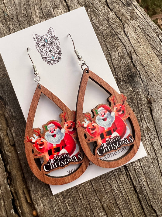 Wood Santa Christmas Earrings
