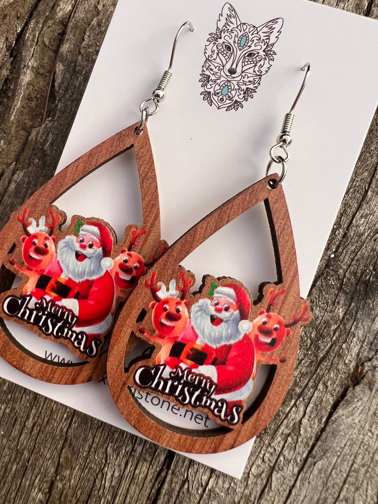 Wood Santa Christmas Earrings