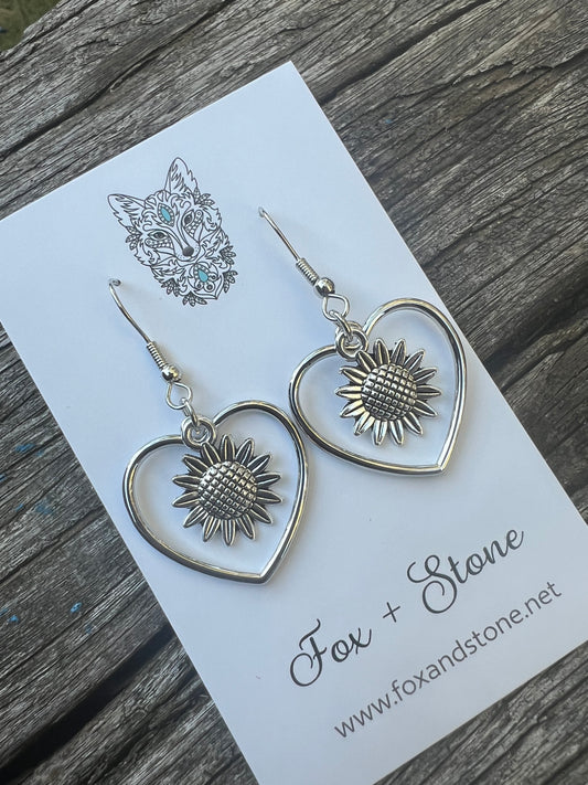 Sunflower Love Silver Hearts Dangles