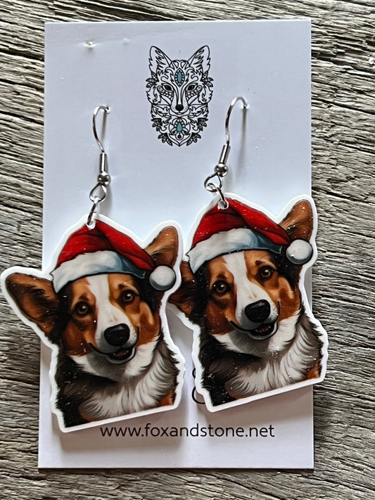 Welsh Gorgi Santa Hat Dog Earrings