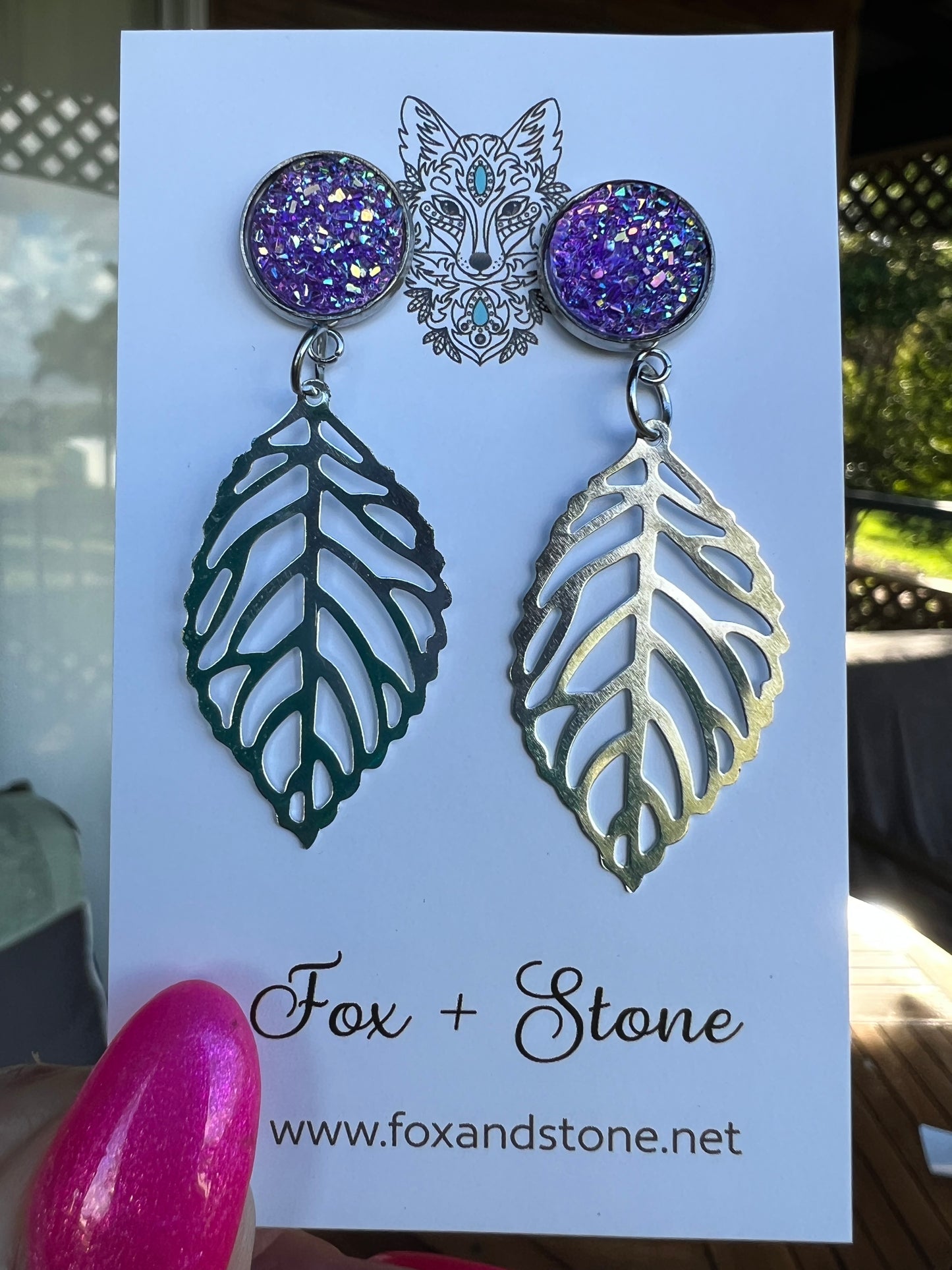 Purple Ice Silver Leaf Druzy Earrings