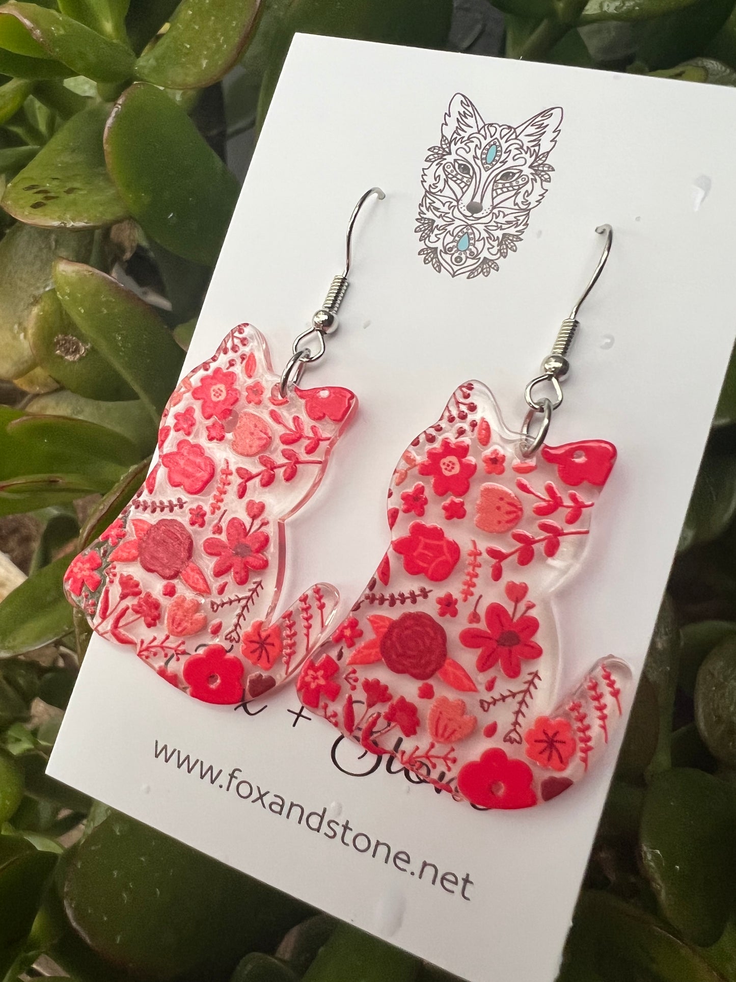 Pretty Red Floral Cat Earrings