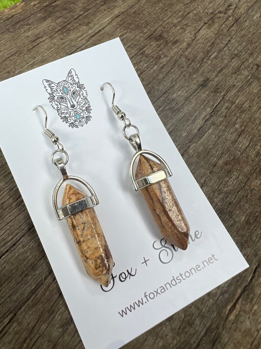 Picture Jasper Gemstone Bullet Point Earrings