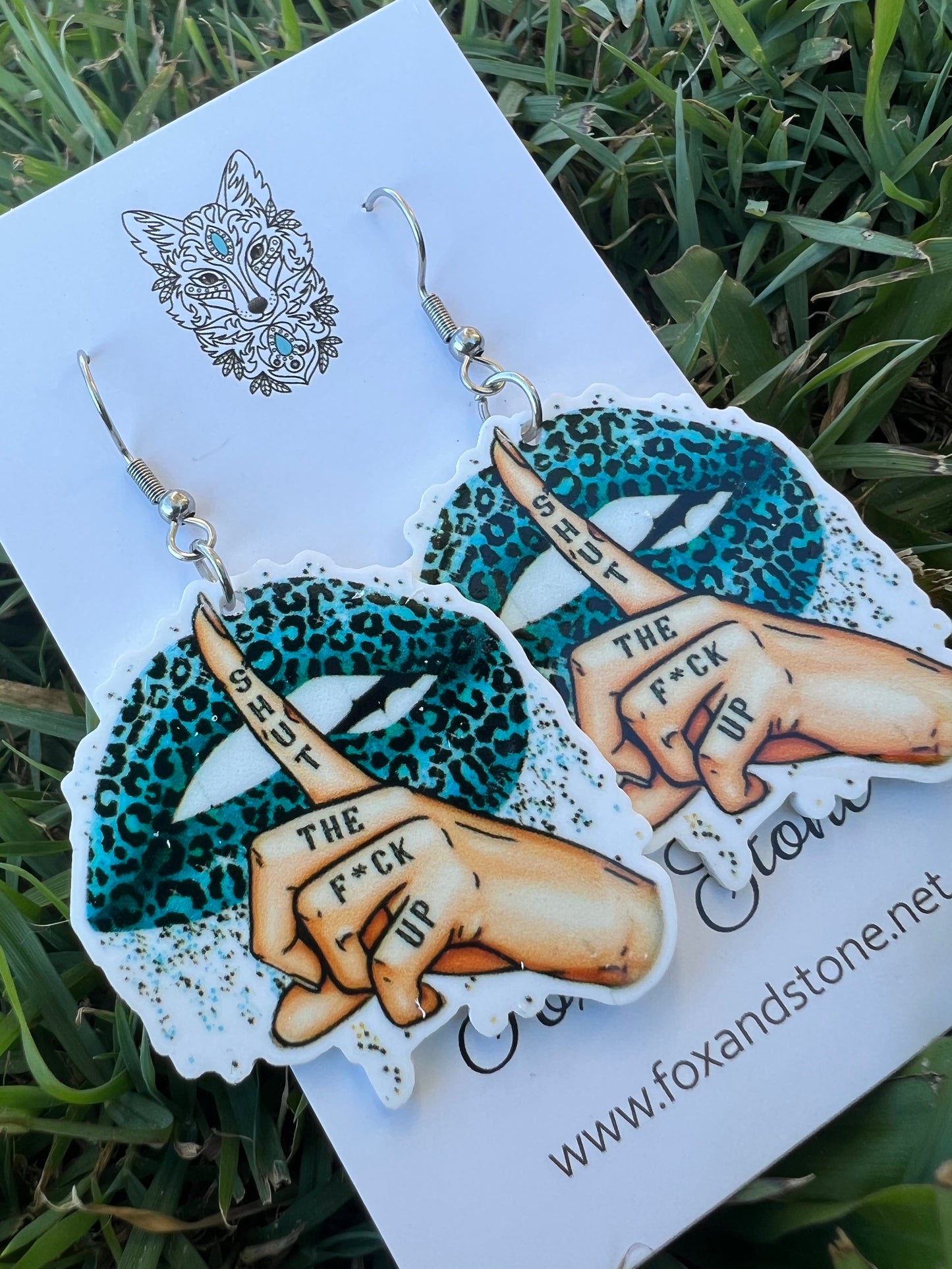 Shut The F#ck Up Teal Leopard Earrings