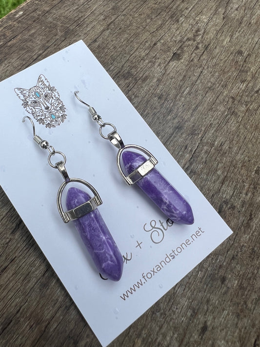 Purple Spot Jasper Gemstone Bullet Point Earrings