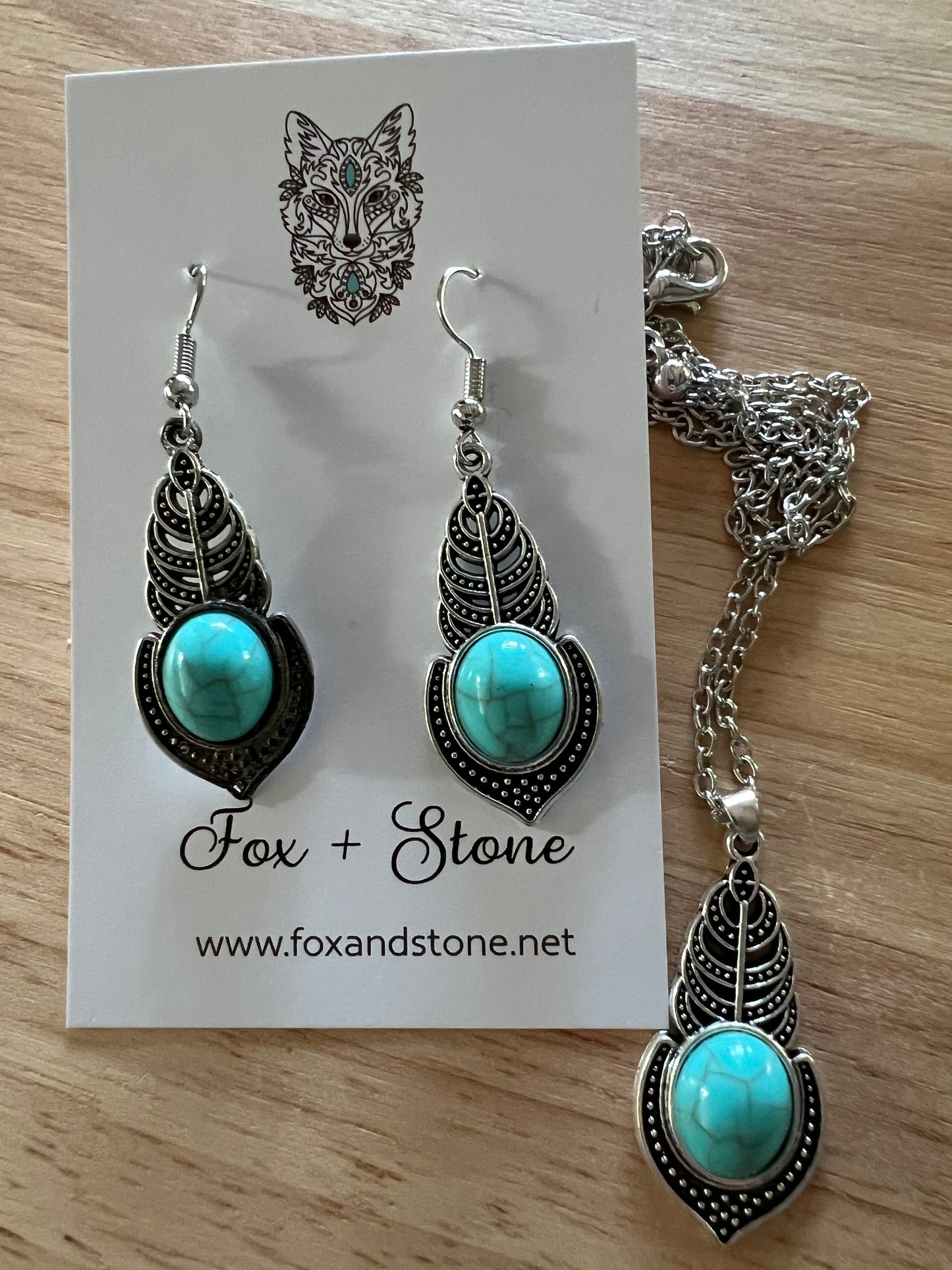 Silver Leaf Turquoise Pendant Earring Set