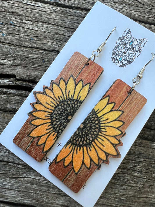 Sunflower Rectangular Natural Wood Earrings
