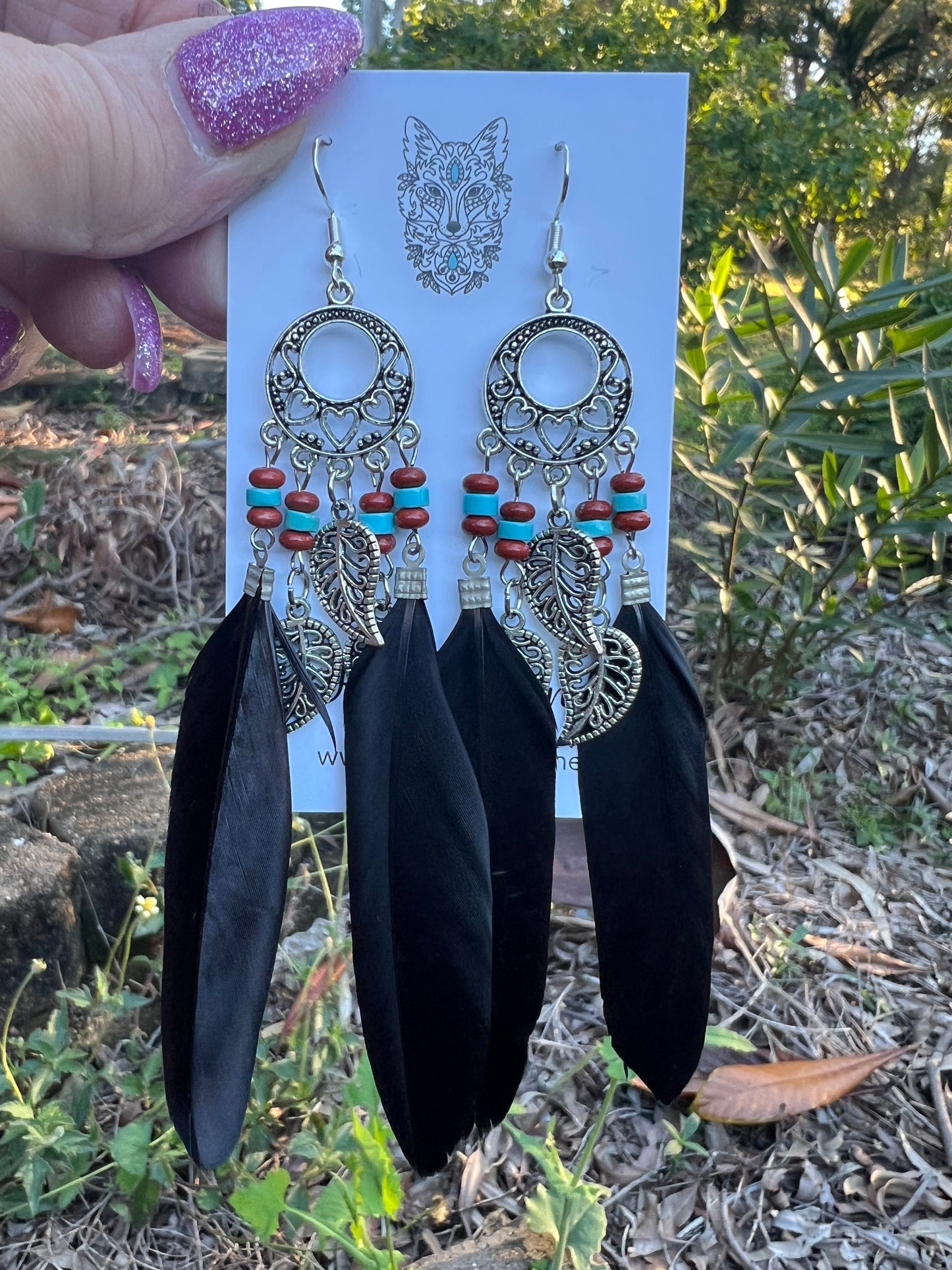 Stunning Silver Leaf Black Feather Earrings