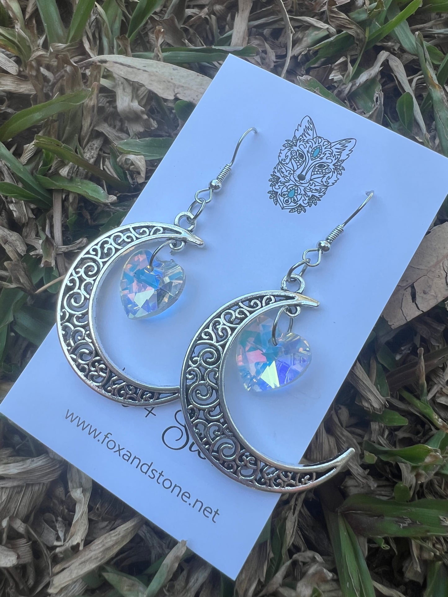 Crystal Filigree Moon Silver Earrings