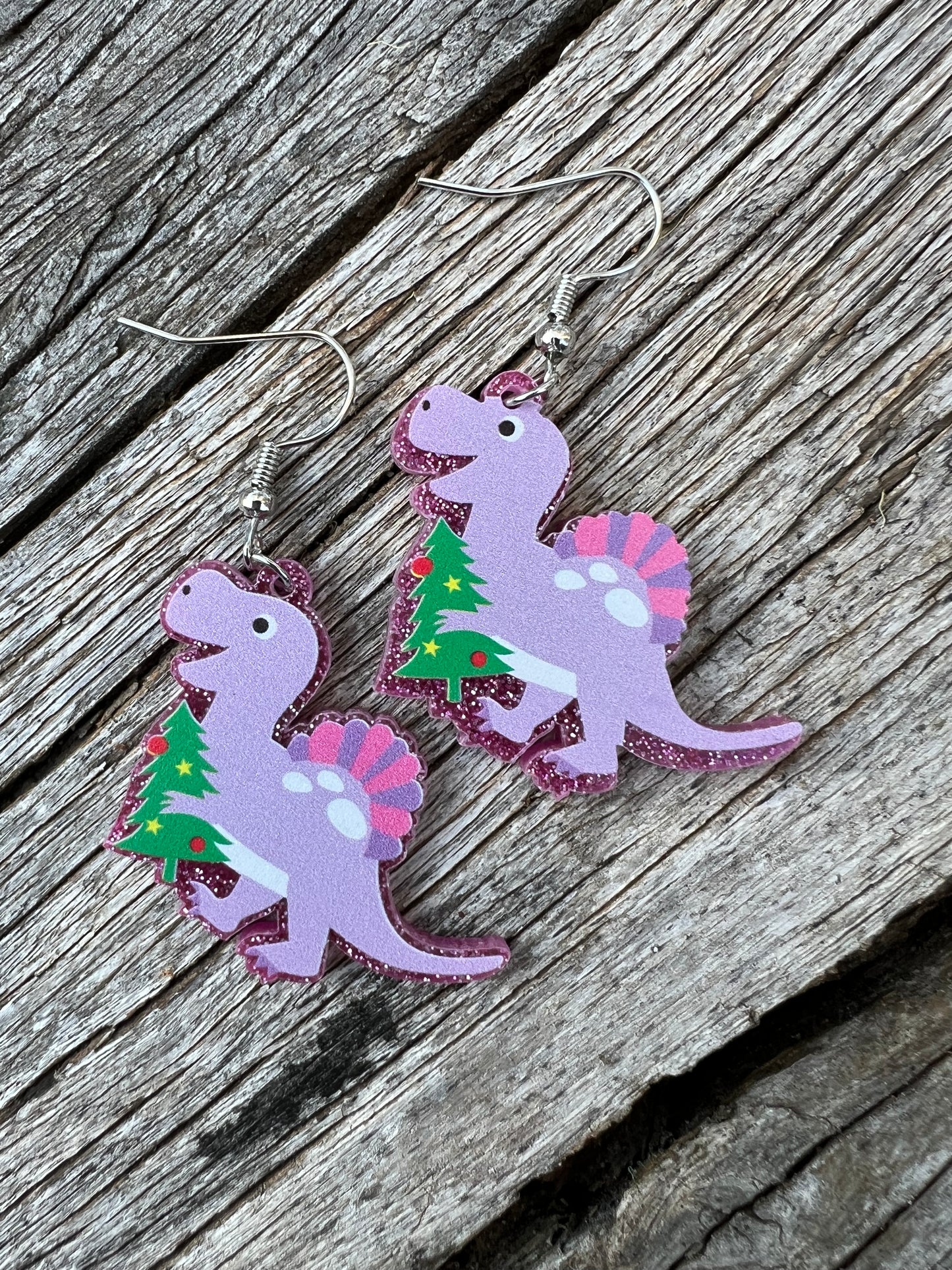 Purple Dinosaur Xmas Earrings
