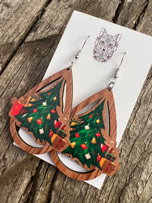 Wood Christmas Tree Earrings
