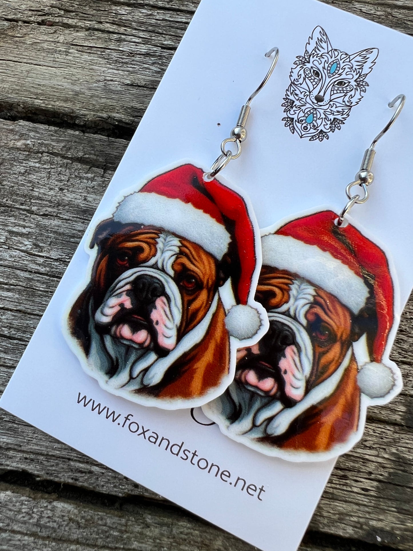 Bulldog Santa Hat Dog Earrings