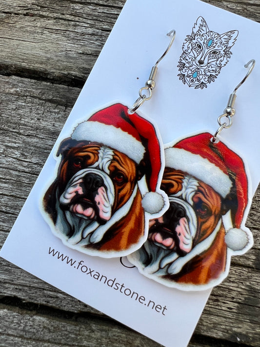 Bulldog Santa Hat Dog Earrings