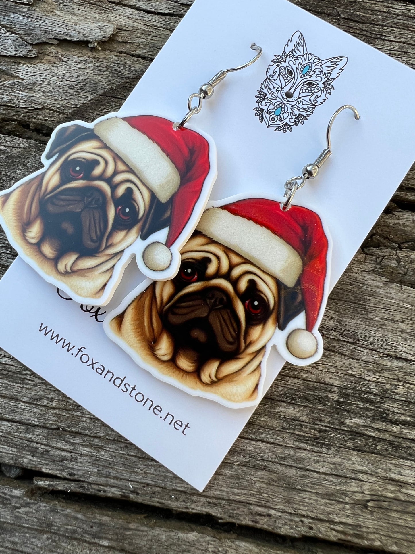 Pug Santa Hat Dog Earrings