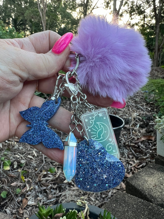 Glitter Heart + Opalite Gemstone Keyring
