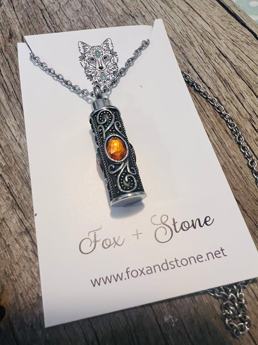 Ashes Keepsake Pendant Stainless Steel Orange Stones