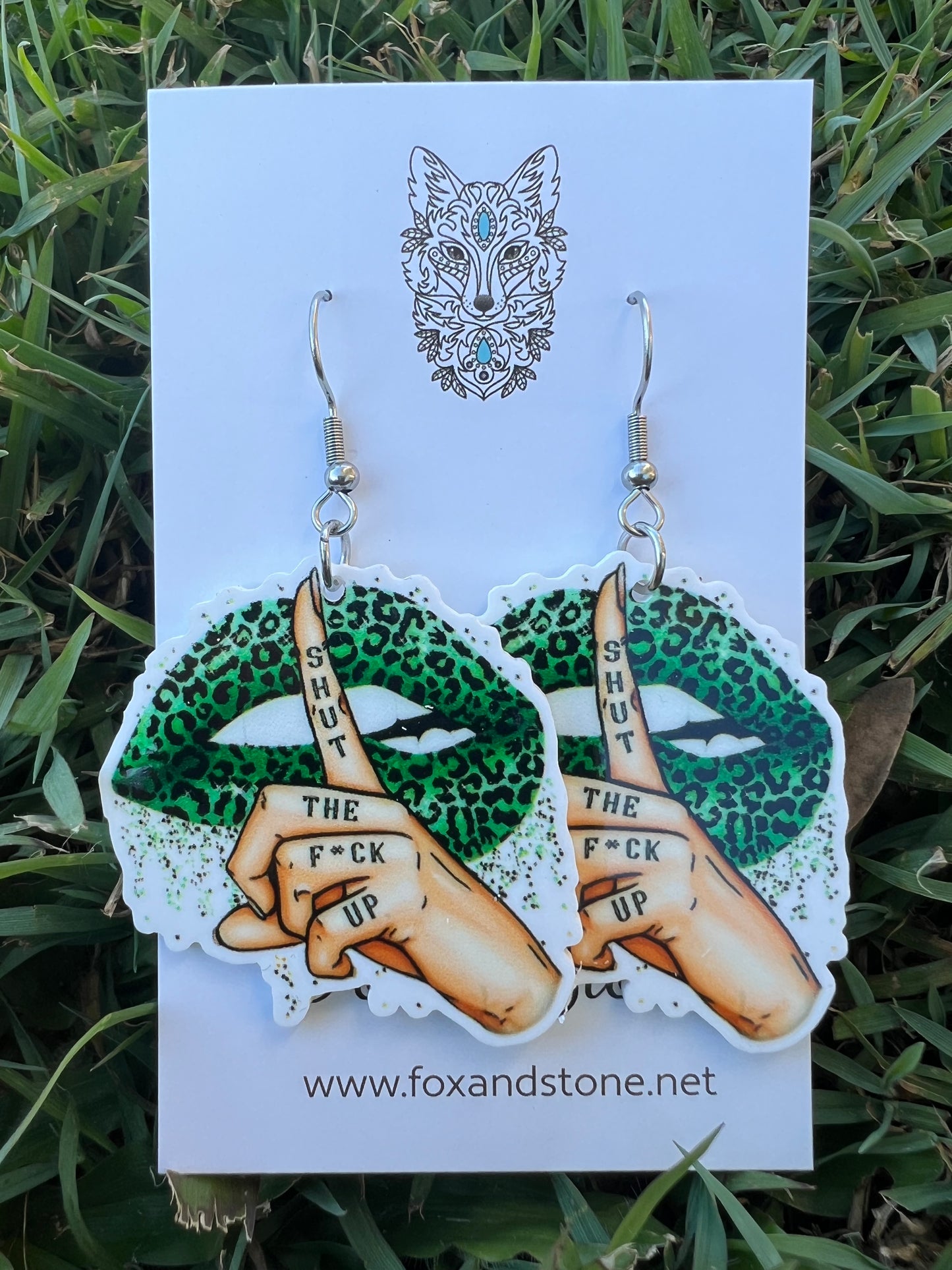 Shut The F#ck Up Green Leopard Earrings