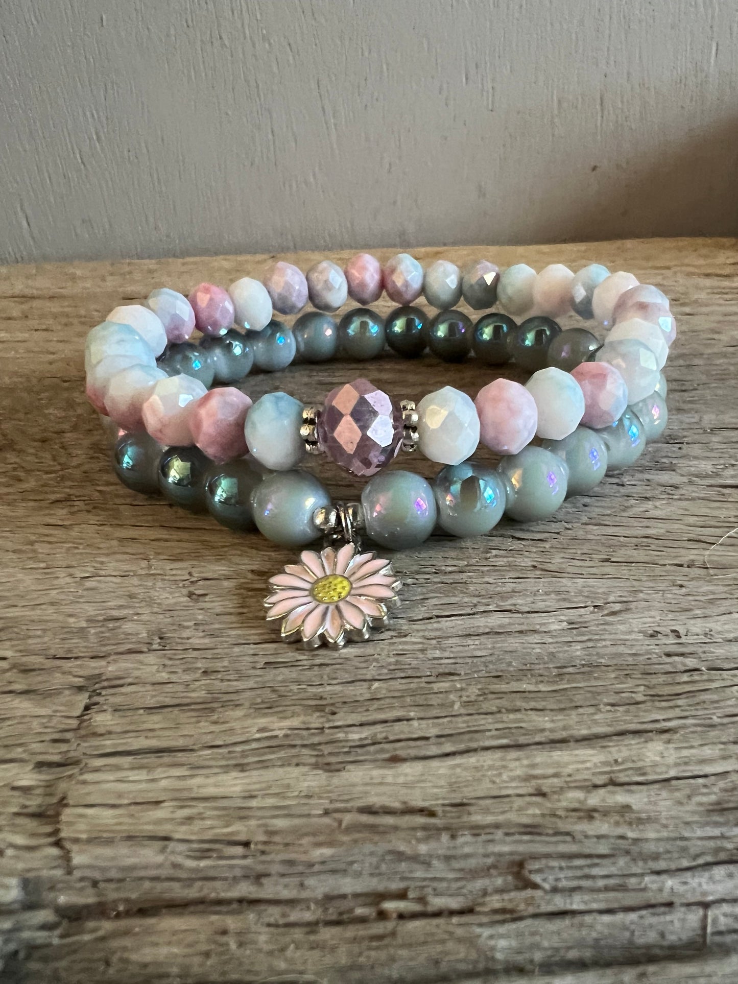 Daisy Charm Czeck Beaded Bracelet Set