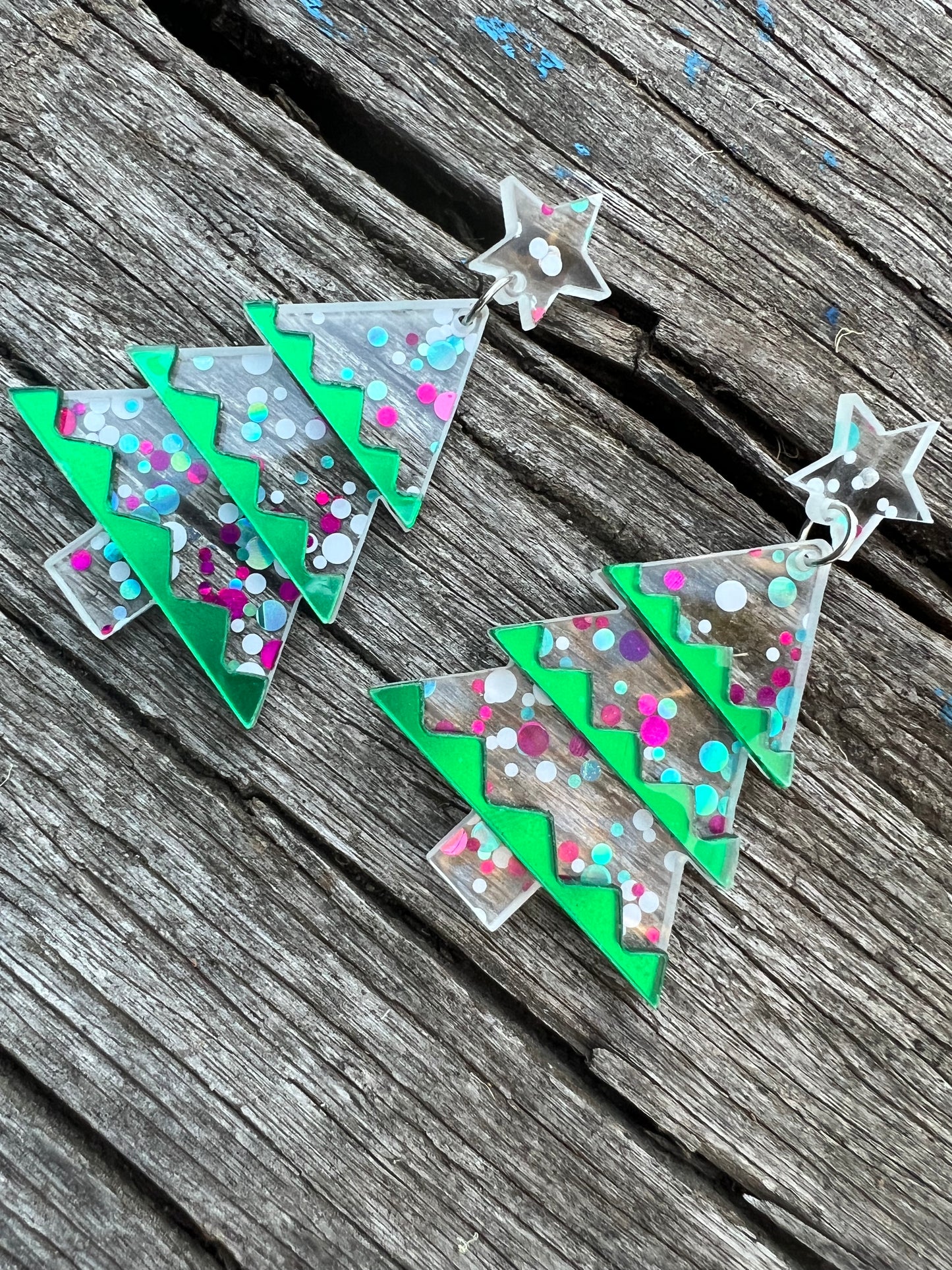 Beautiful Acrylic Mirror Xmas Tree Earrings B