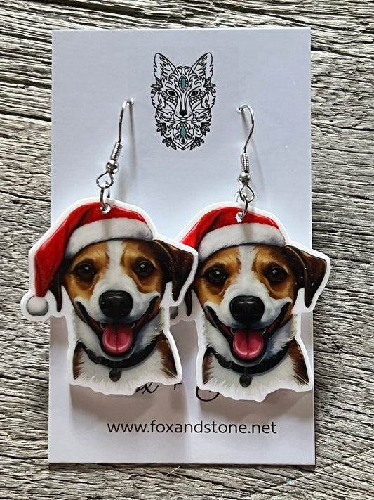Jack Russell Santa Hat Dog Earrings