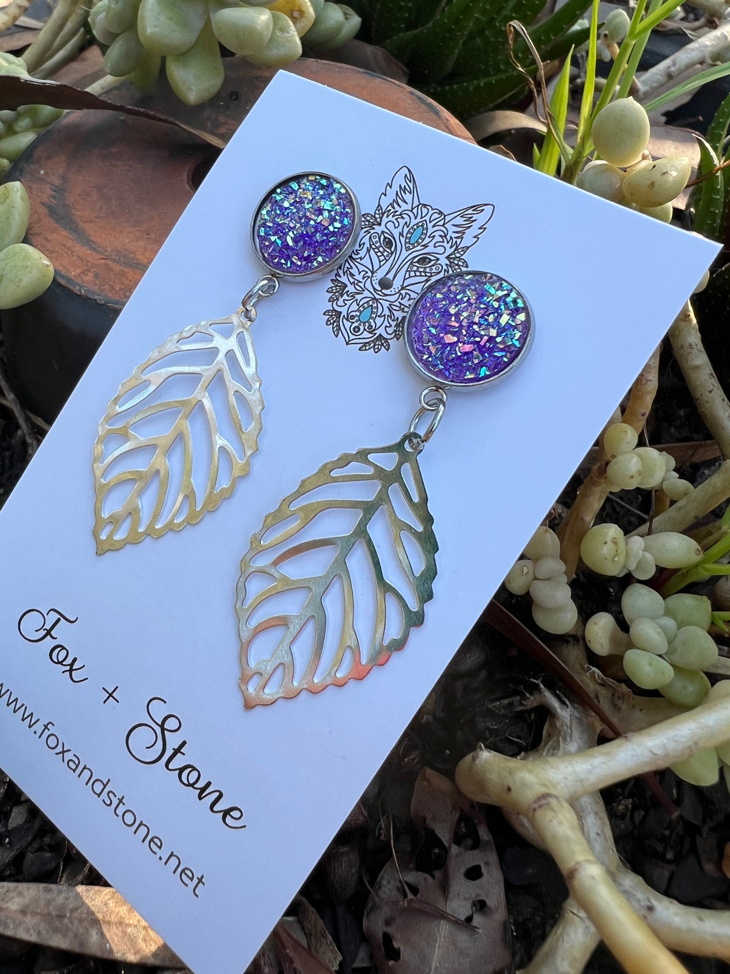 Purple Ice Silver Leaf Druzy Earrings