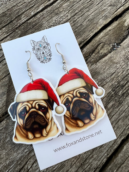 Pug Santa Hat Dog Earrings