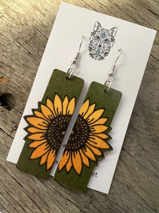 Khaki Sunflower Rectangular Natural Wood Earrings