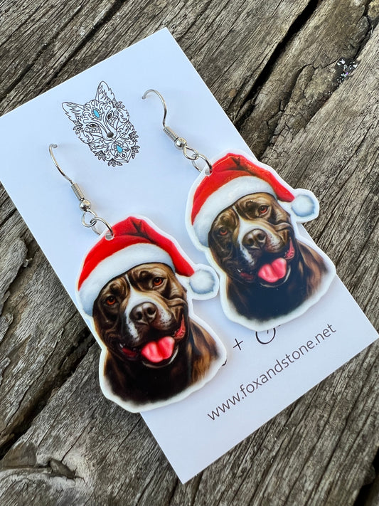 Staffie Santa Hat Dog Earrings