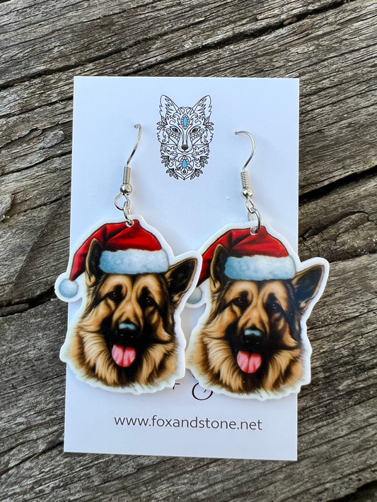 German Shepherd Santa Hat Dog Earrings