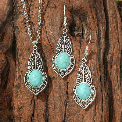 Silver Leaf Turquoise Pendant Earring Set