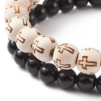 Natural Wood Gemstone Cross Bracelet Stack