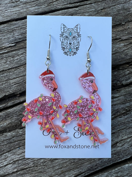 Flamingo Xmas Lights Christmas Earrings