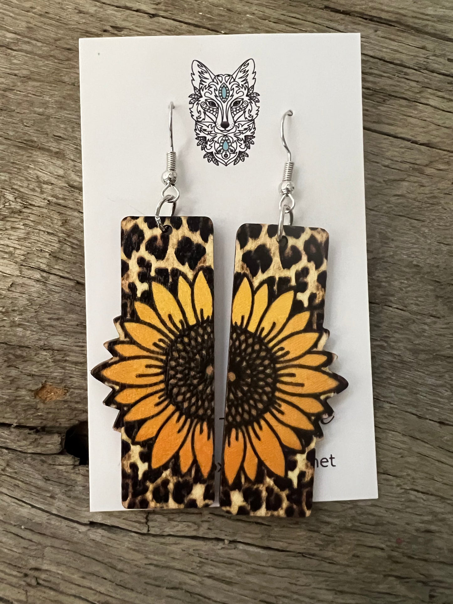 Sunflower Leopard Rectangular Natural Wood Earrings