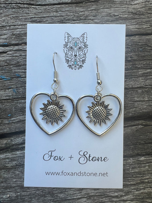 Sunflower Love Silver Hearts Dangles