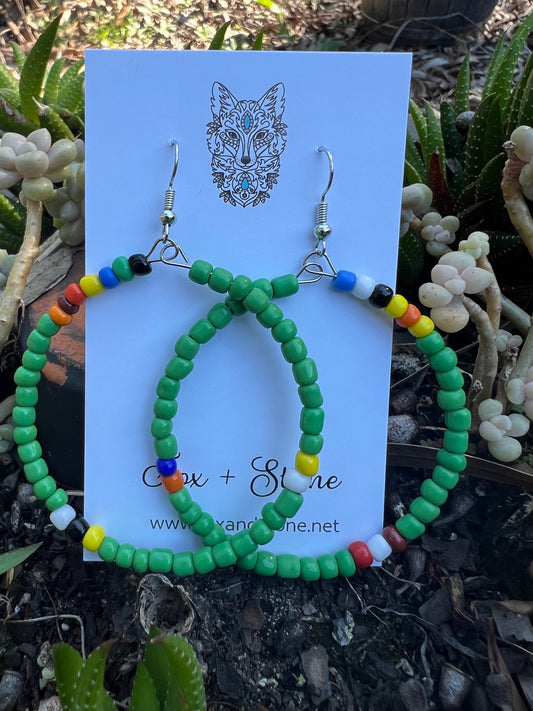Green Large Beaded Hoop Earrings