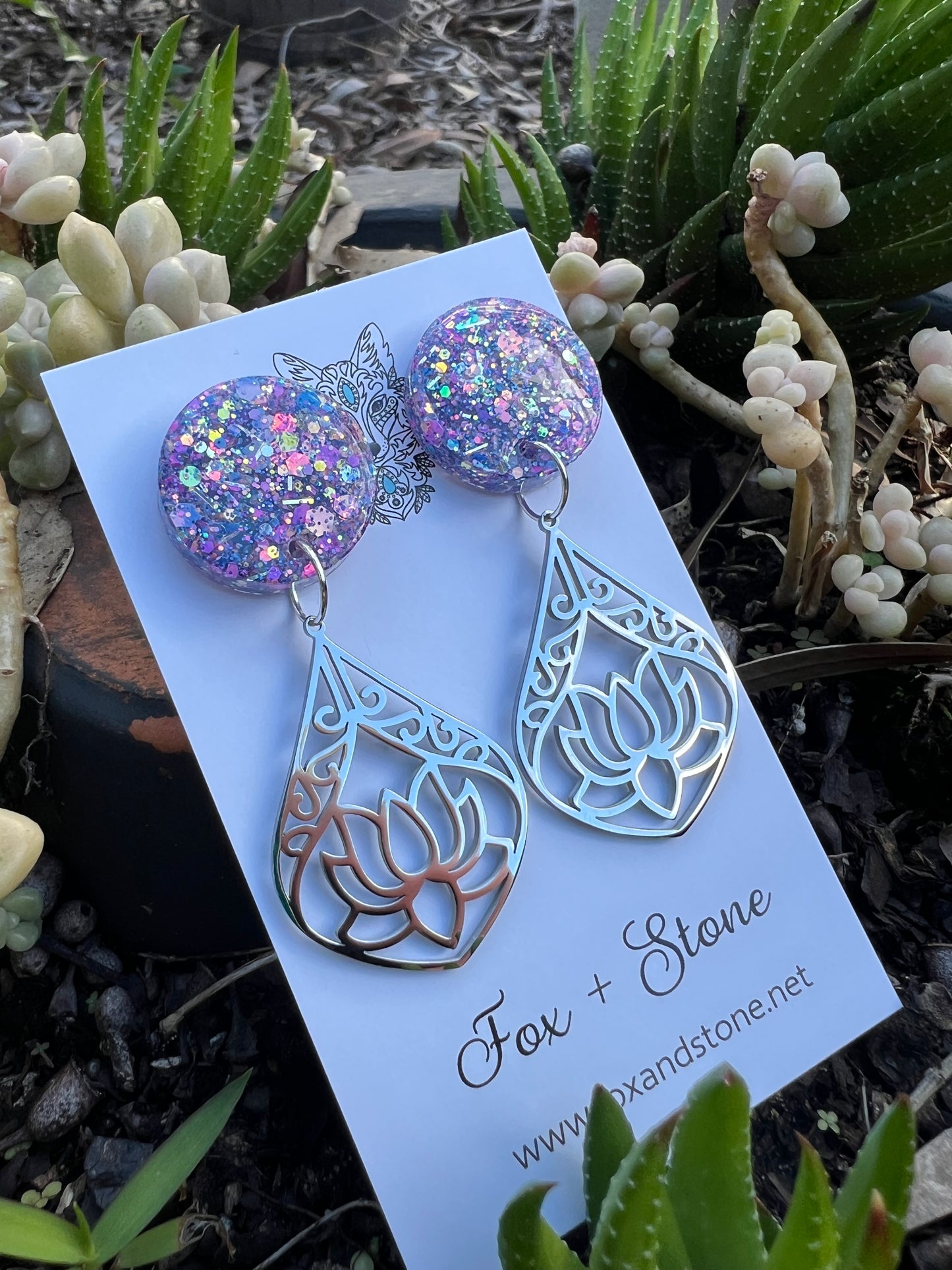 Lotus Flower Sparkle Glitter Earrings