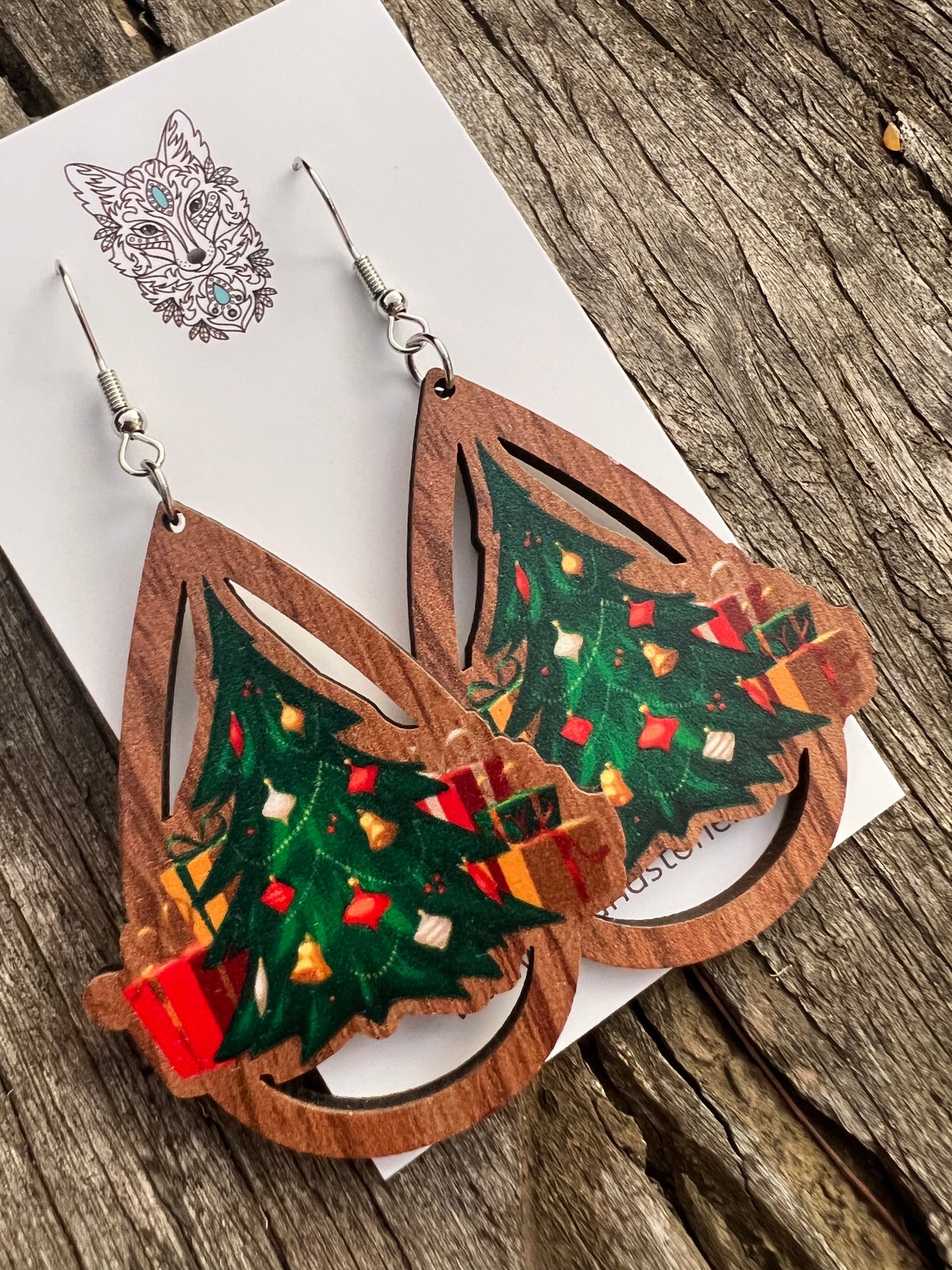 Wood Christmas Tree Earrings