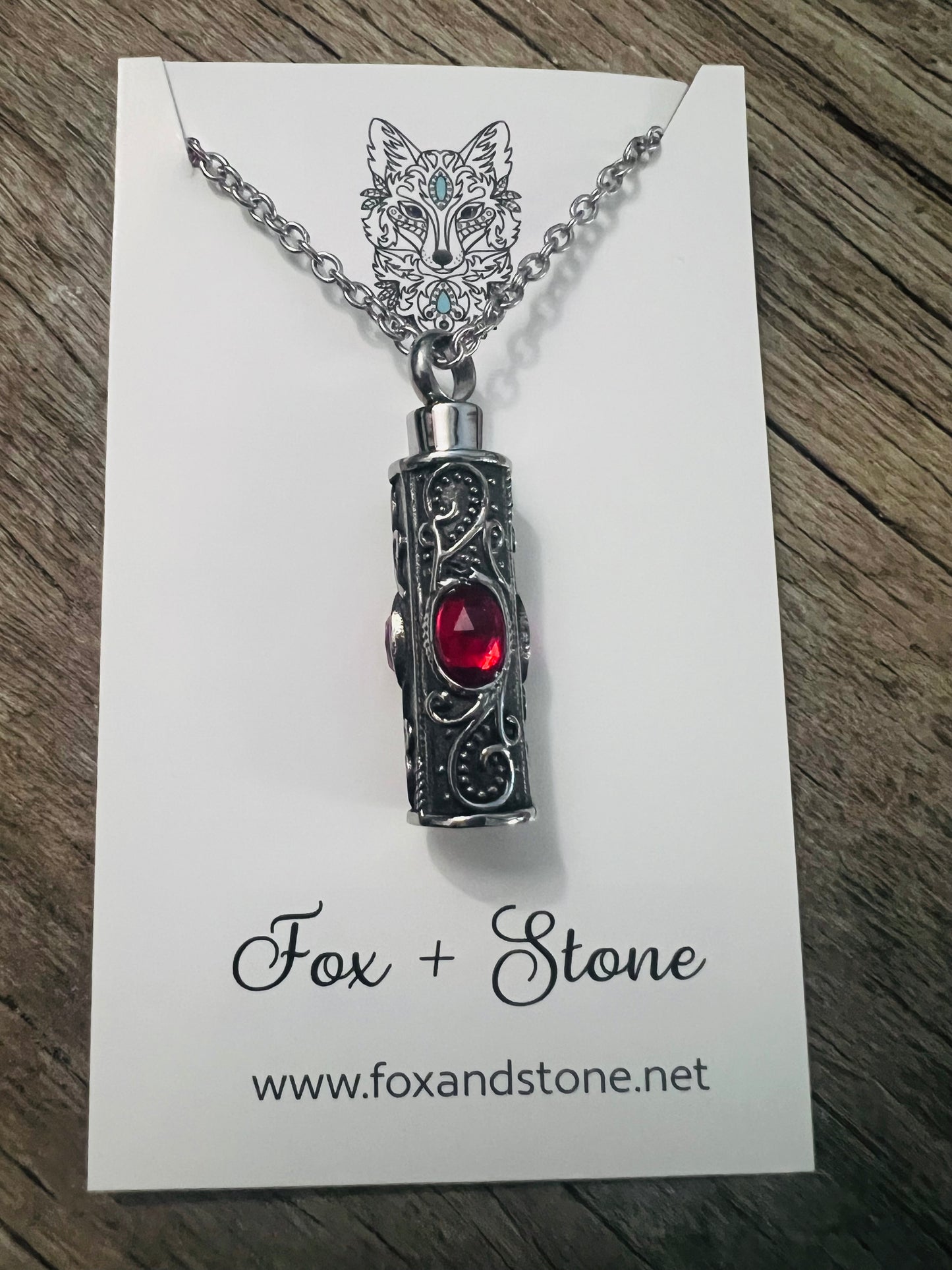Ashes Keepsake Pendant Stainless Steel Red Stones