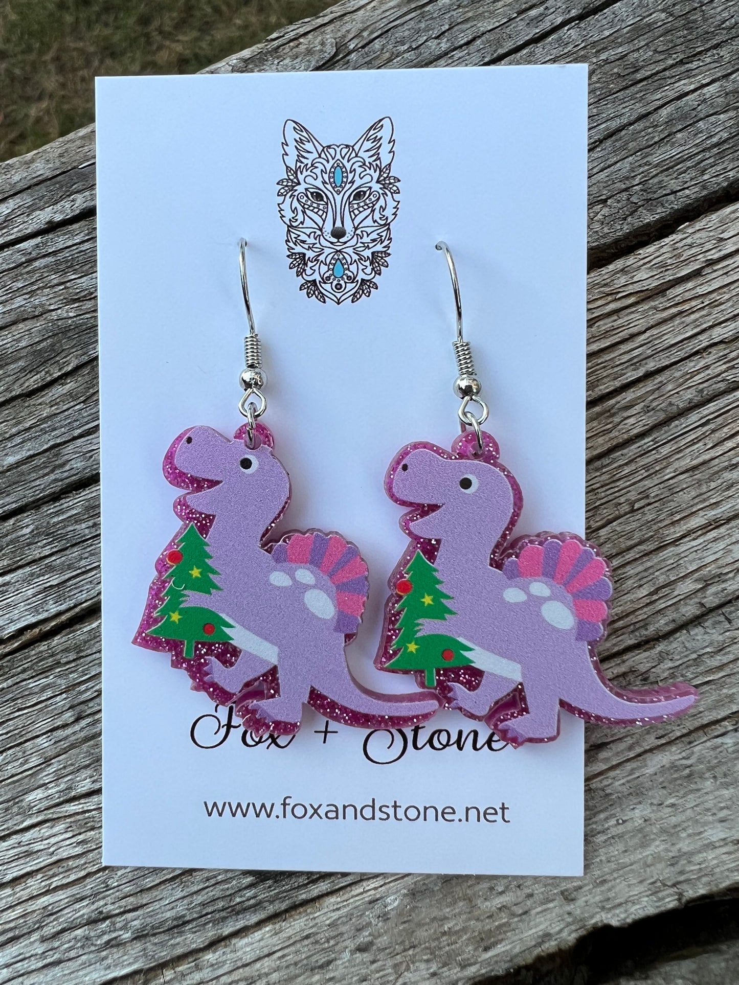 Purple Dinosaur Xmas Earrings