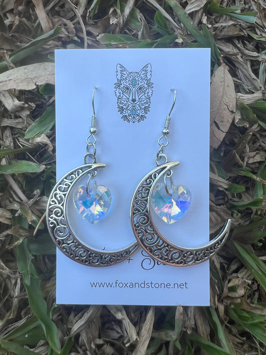Crystal Filigree Moon Silver Earrings