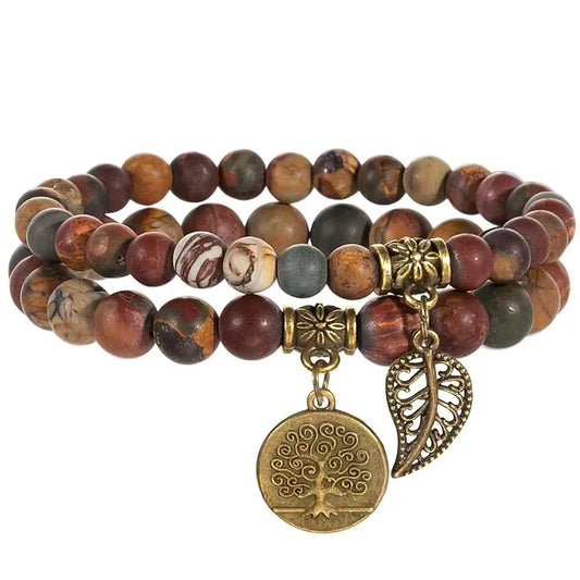 Picasso Jasper Gemstone Bronze Copper Charm Bracelet Stack