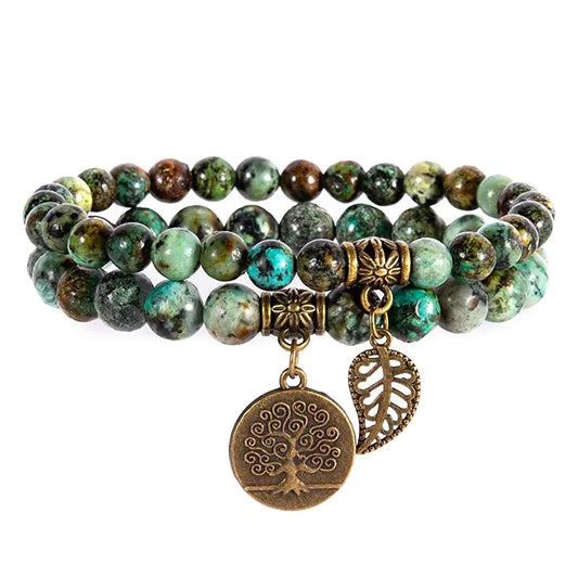 African Turquuoise Gemstone Bronze Copper Charm Bracelet Stack