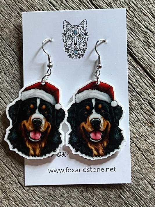 Bernese Mountain Dog Santa Hat Earrings