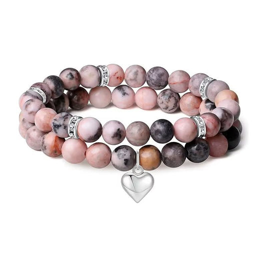 Pink Zebra Jasper Heart Charm Double Bracelets