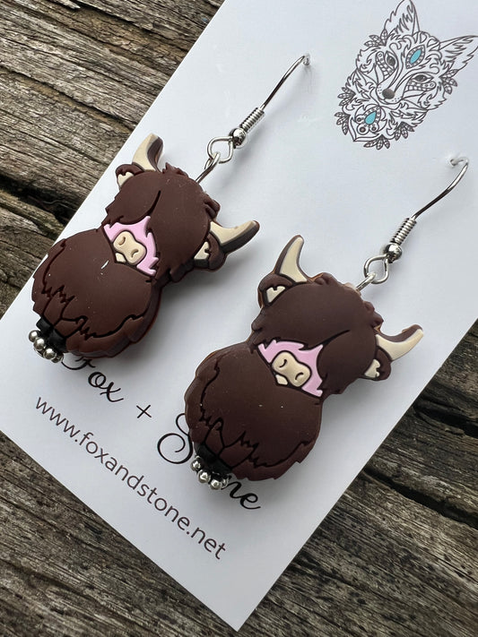 Super Cute Dark Highland Cow Earrings