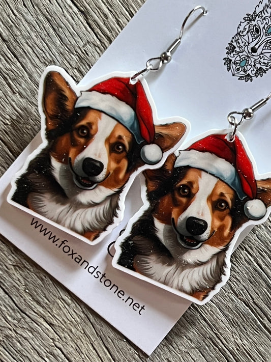 Welsh Gorgi Santa Hat Dog Earrings