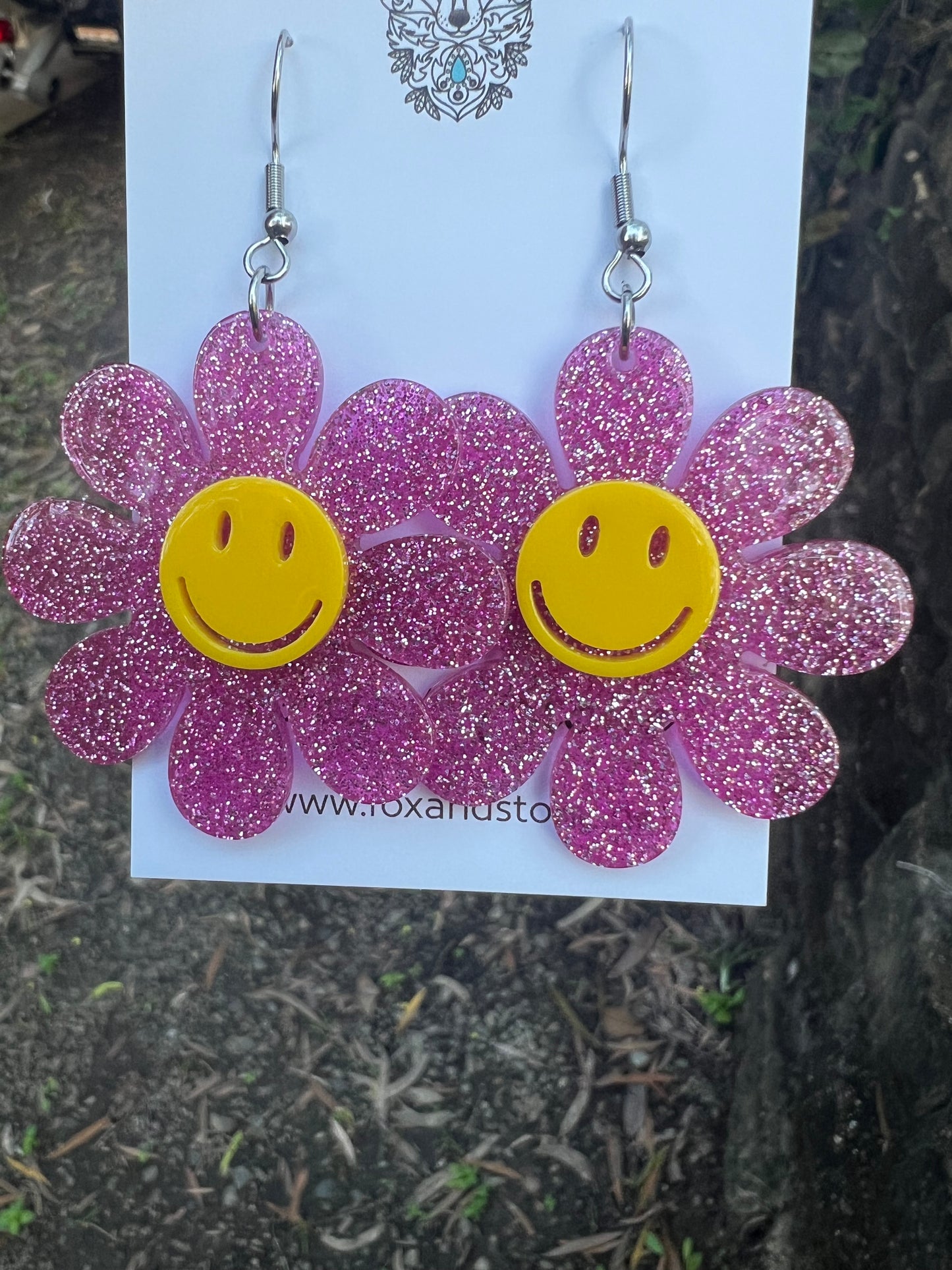 Pink Flower Happy Glitter Earrings